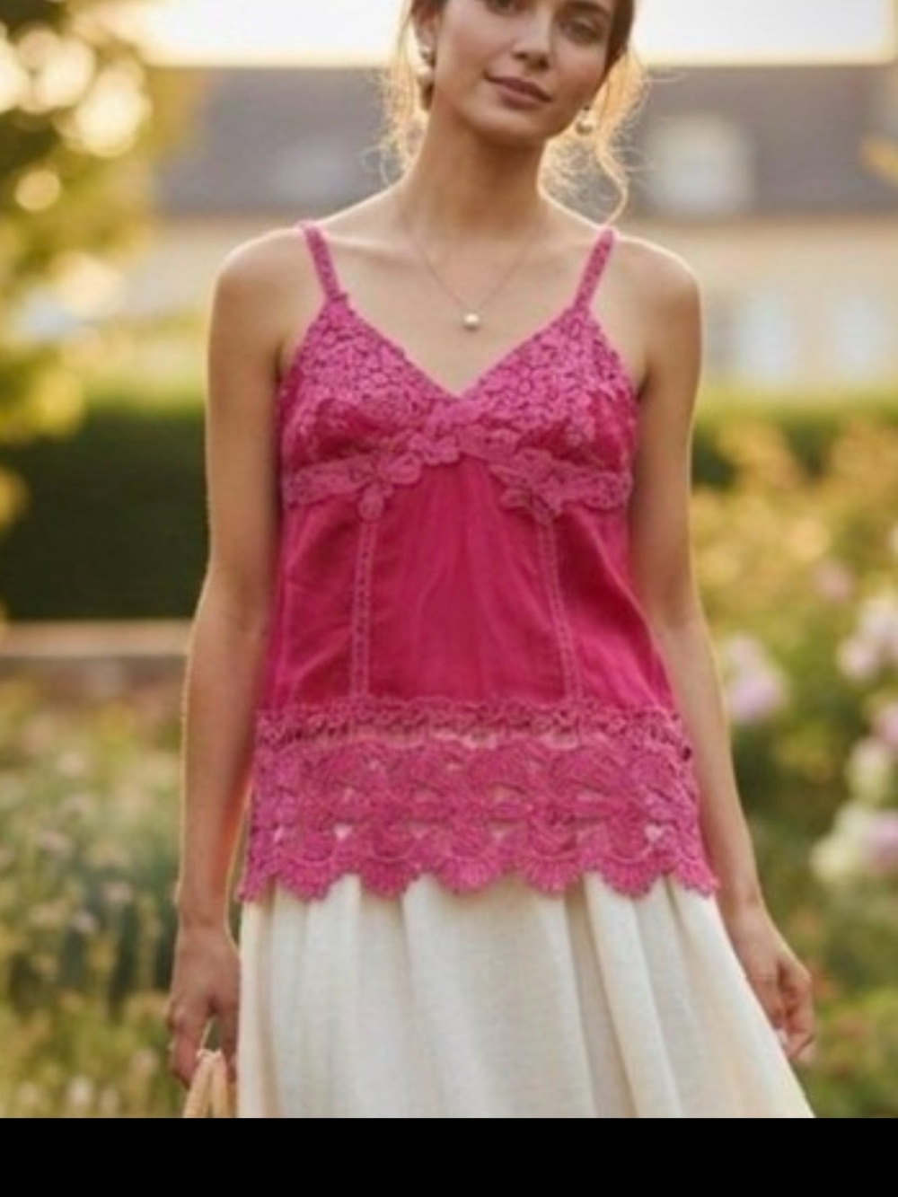 Johnny Was Fuchsia Crochet-Trim Slip Tank